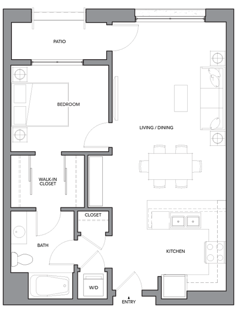 Floor plan for 1 bed, 1 bath, 792 sqft